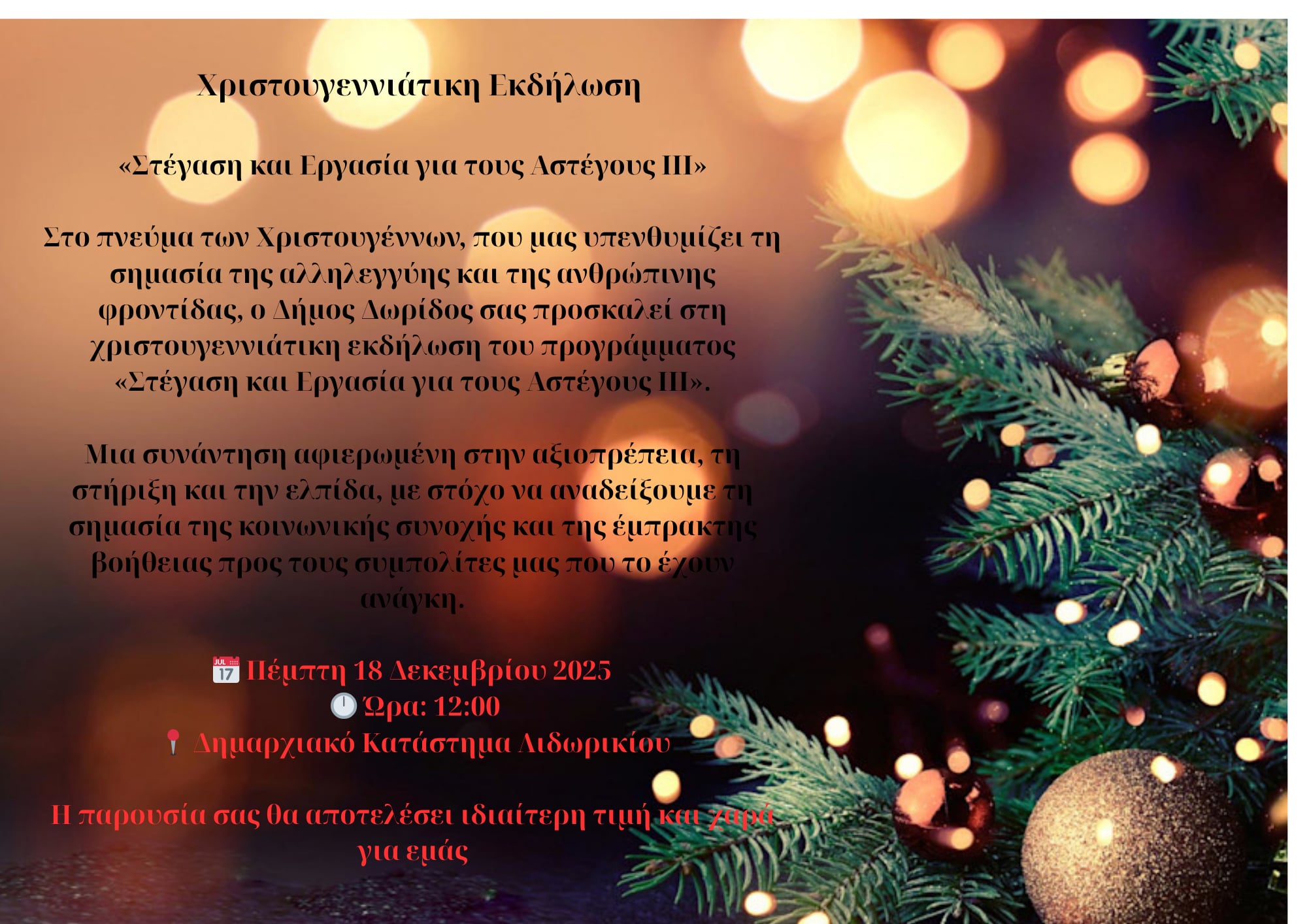 Δήμος Δωρίδος: Xριστουγεννιάτικη εκδήλωση του προγράμματος "Στέγαση και Εργασία για τους Αστέγους ΙΙΙ"